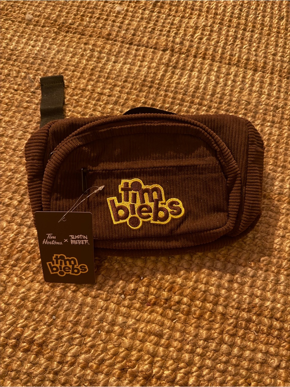 Justin Bieber Brown Corduroy Waist Bag with Yellow Logo